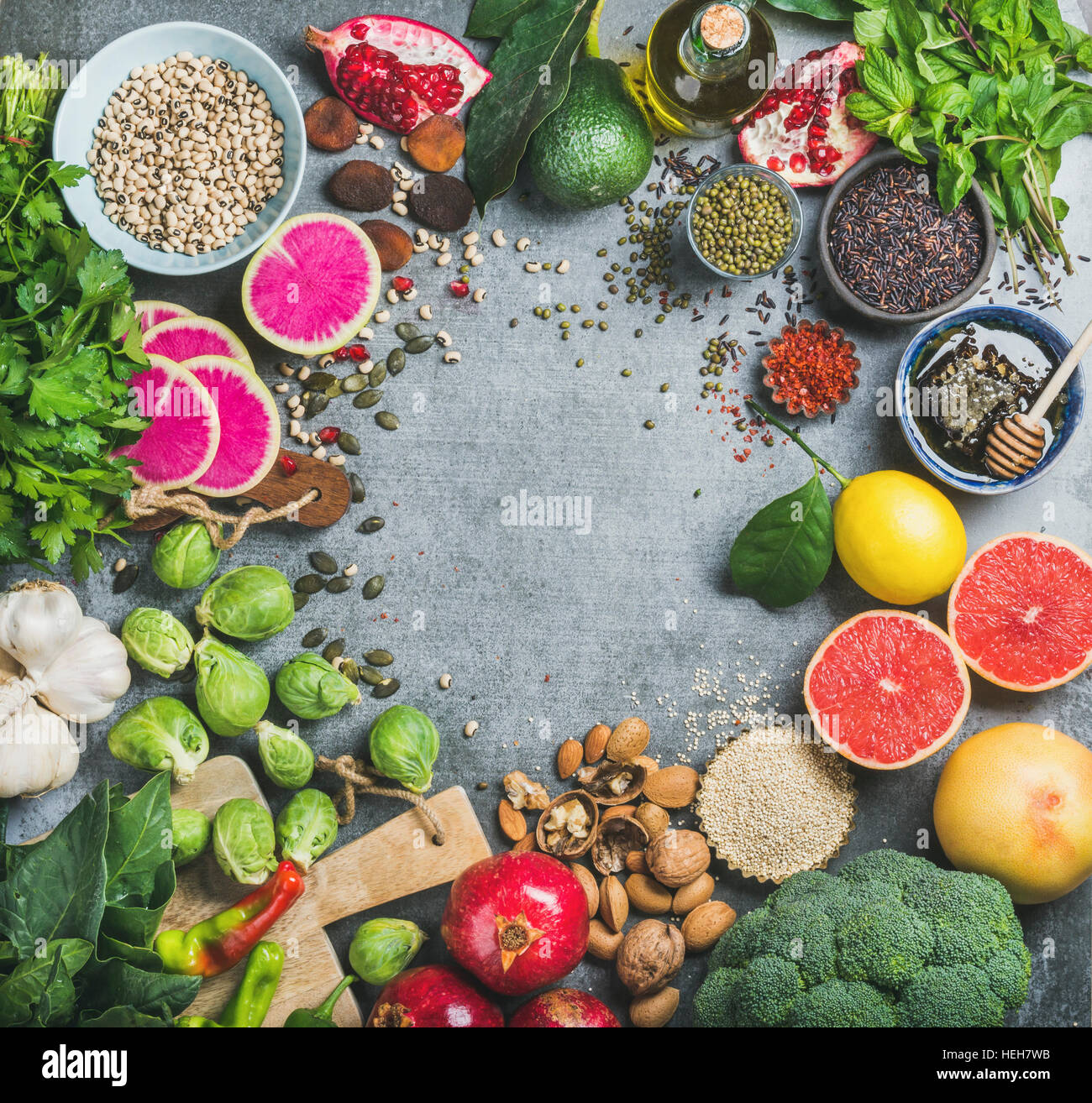 Clean eating concept. Variety of vegetables, fruit, seeds, cereals