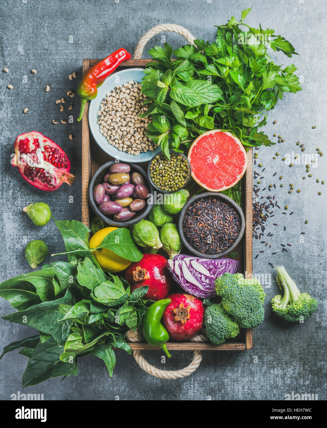 Vegetables, fruit, seeds, cereals, beans, spices, superfoods, herbs