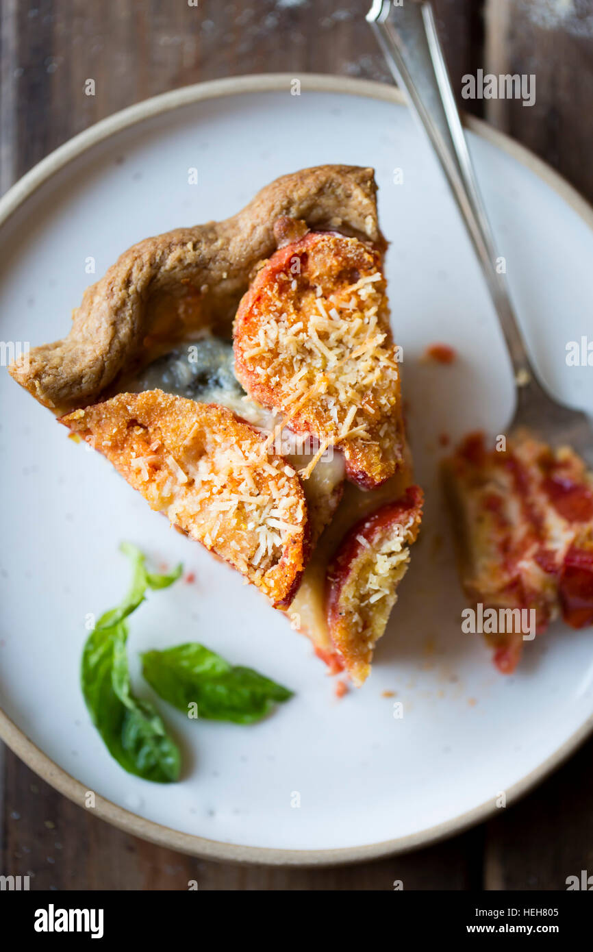 Gluten Free Tomato Pie with Basil, Parmesan and Cornmeal Stock Photo