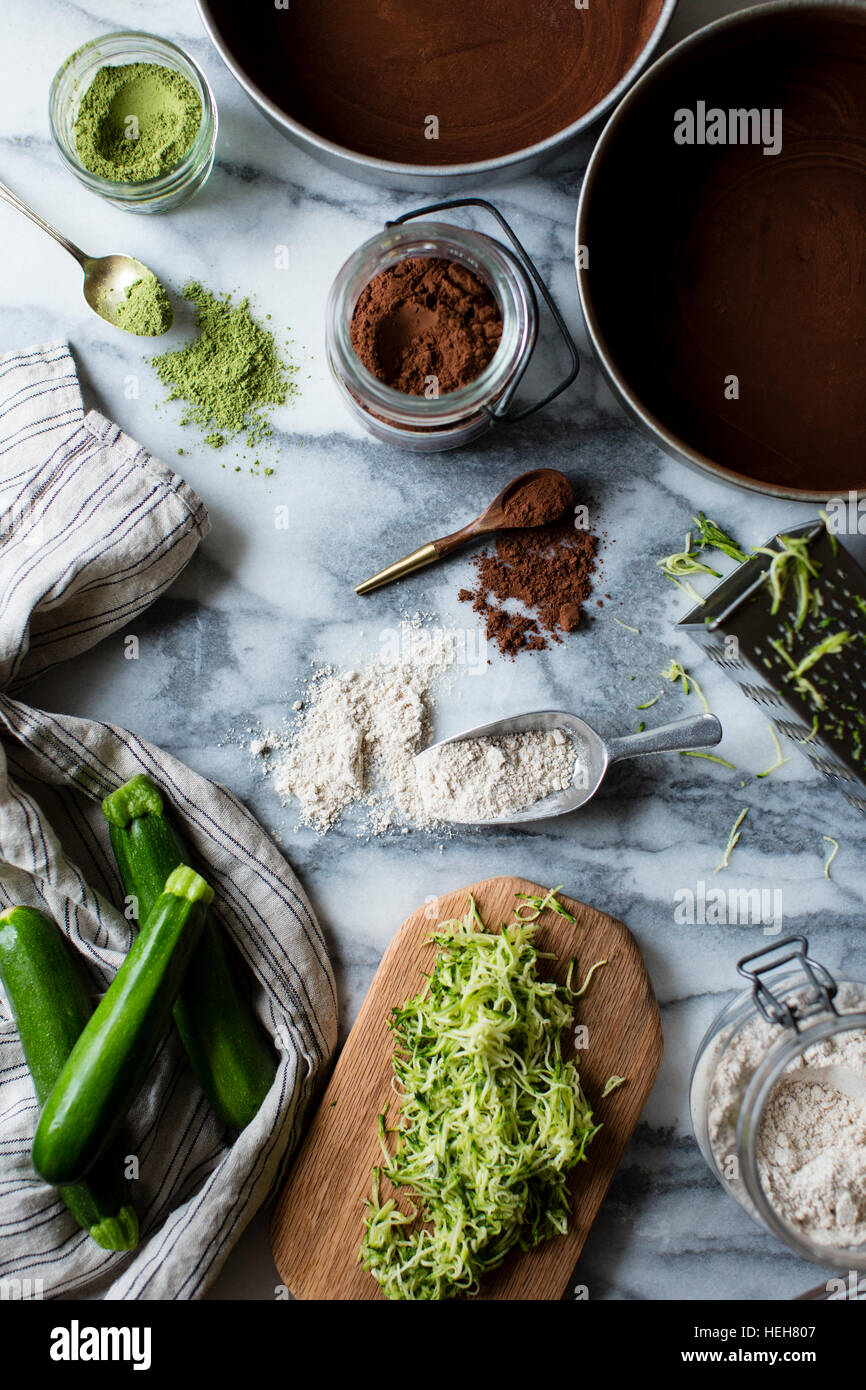 Ingredients for Chocolate Zucchini Layer Cake with Matcha Cream Cheese Frosting Stock Photo