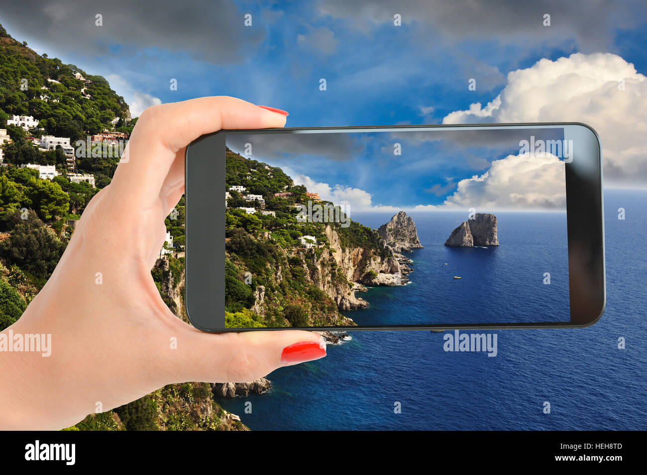 Tourist taking a picture of an amazing landscape on Amalfi Coast, Italy Stock Photo