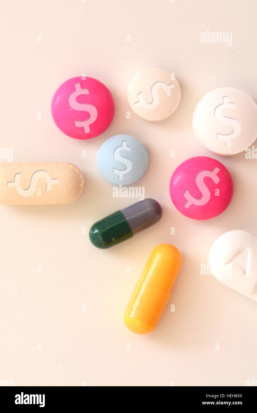 Healthcare cost concept with multicolored medical drugs with us dollar symbol Stock Photo
