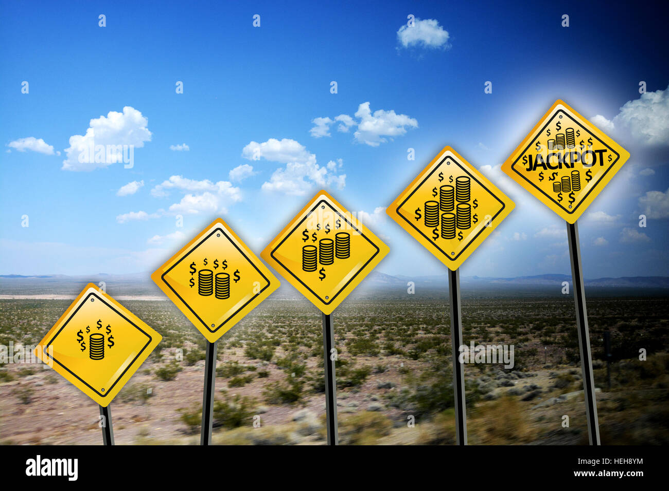 Get rich or wealth concept with US dollar symbol on yellow road sign on wilderness landscape Stock Photo