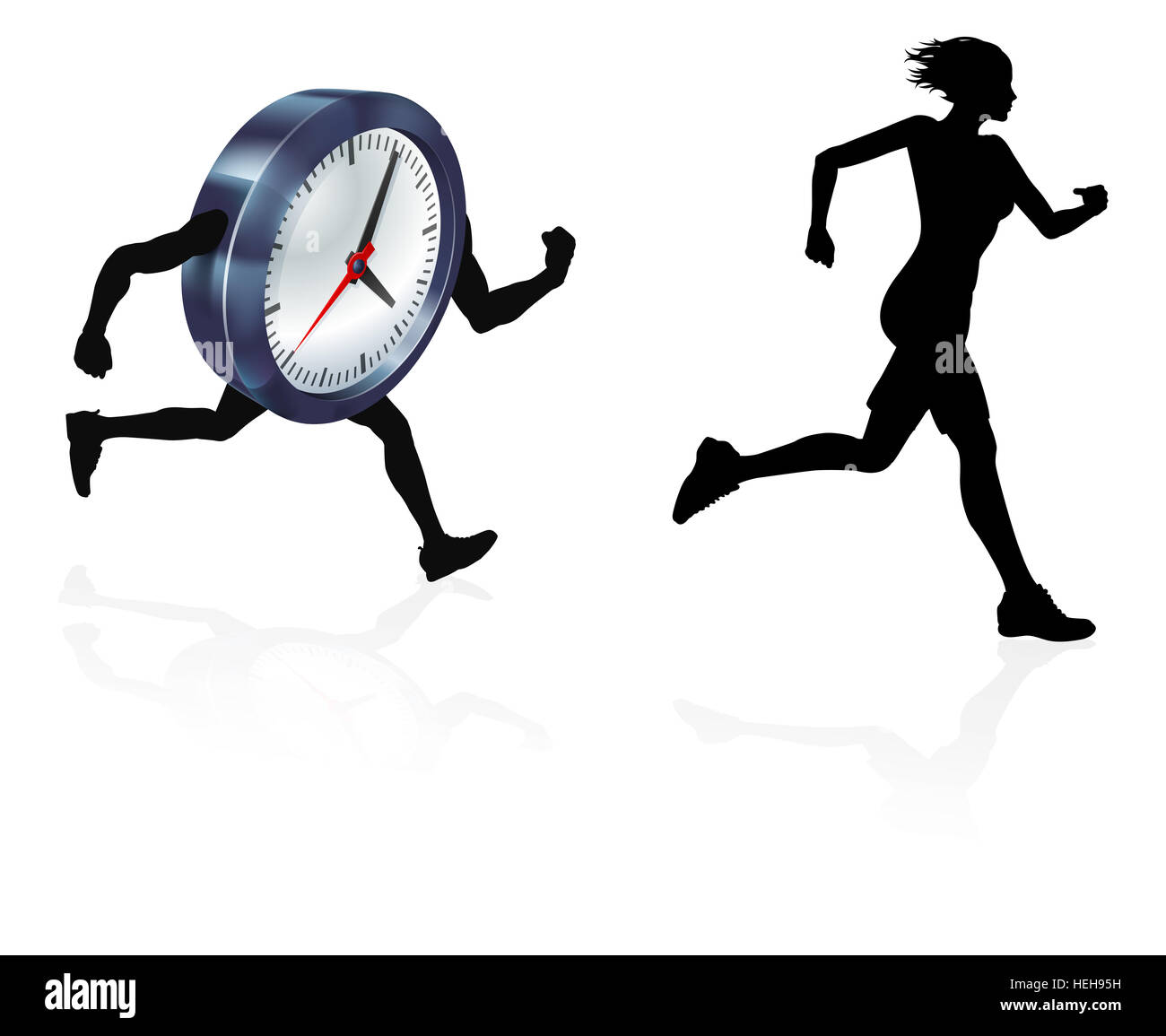 Woman runner in silhouette  running from a clock or racing it concept for time pressure or work life balance, being stressed or racing a deadline Stock Photo