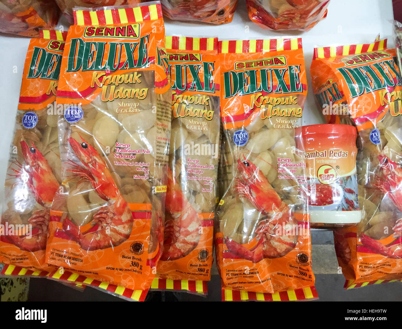 Indonesian local product Shrimp Cracker display  during the  Wonderful Indonesia Festival in Tawau, Sabah, Malaysia. Stock Photo