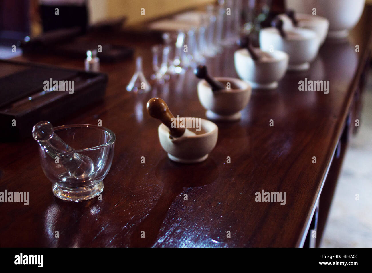 Vintage ceramic and glass mortar. Chemical laboratory, pharmacy Stock Photo Alamy