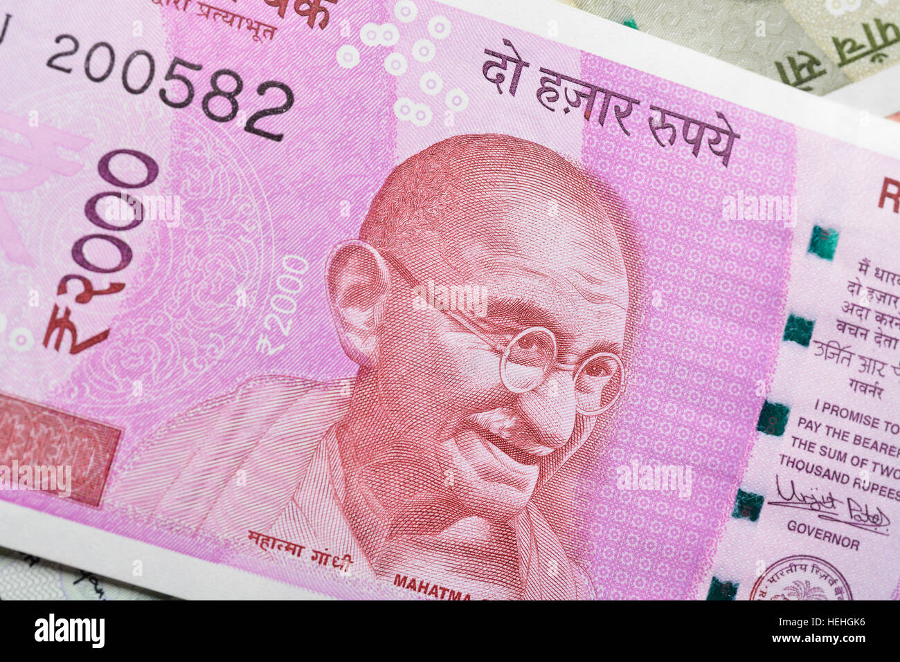 New Indian Two Thousand Rupee Note with Mahatma Gandhi Portrait Stock Photo