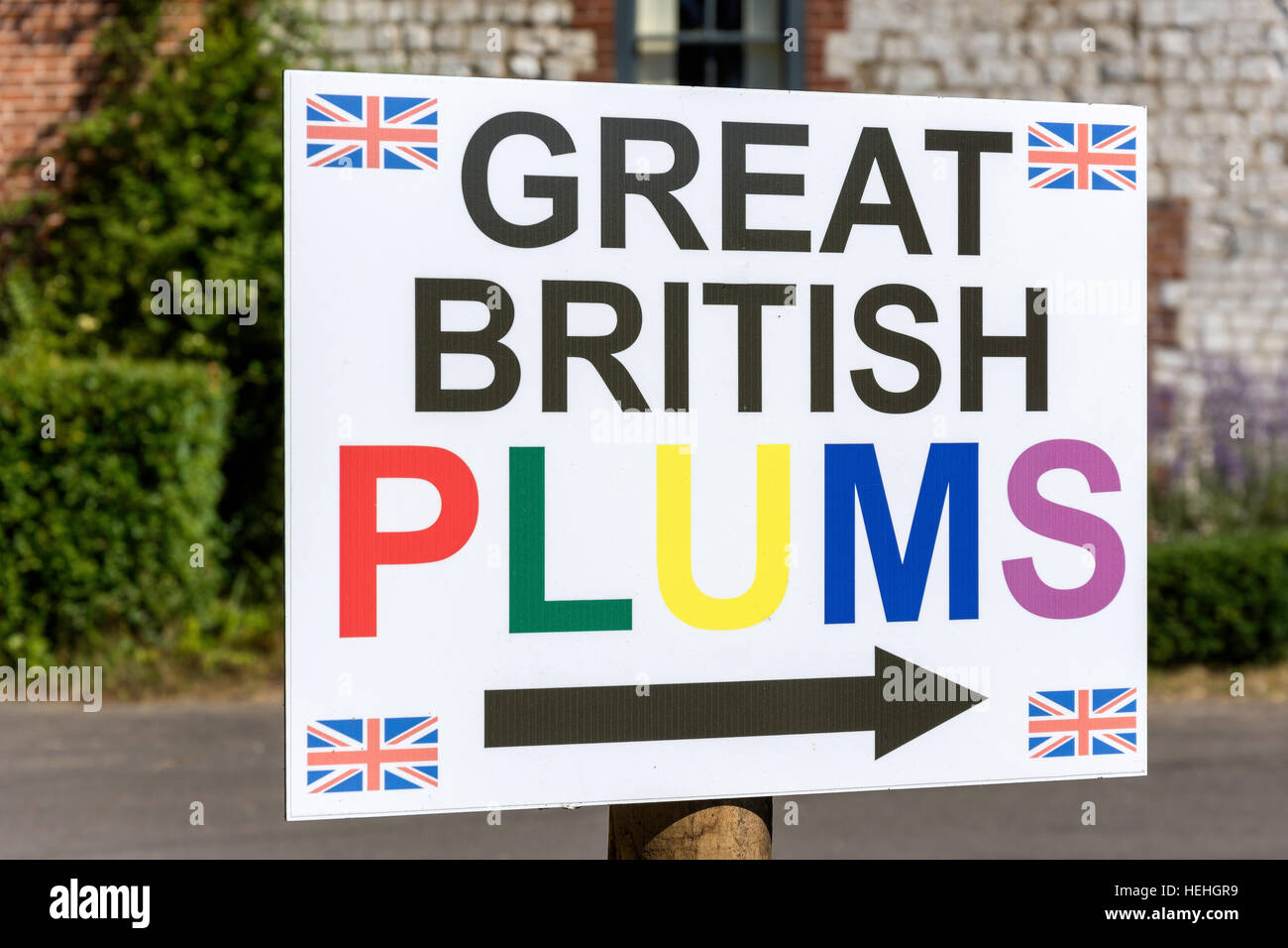 Great British plums sign, Burnham Overy Town, Norfolk, England, United Kingdom Stock Photo