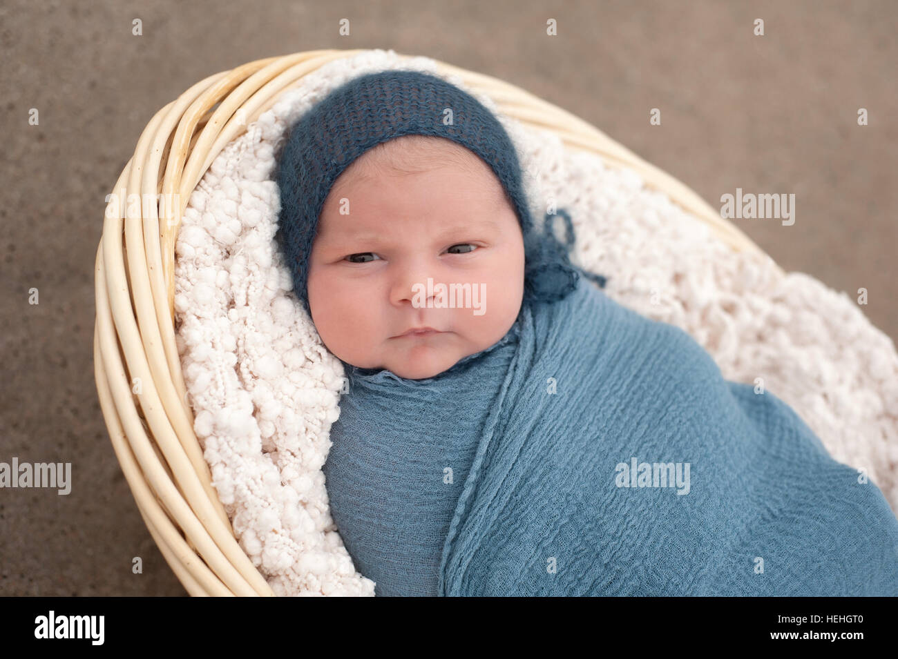 An alert, three week old, newborn, baby boy swaddled in a blue wrap and