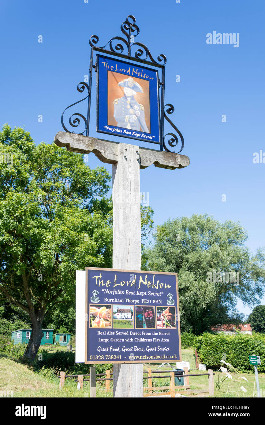 Pub sign of 17th century The Lord Nelson Pub, Walsingham Road, Burnham Thorpe, Norfolk, England, United Kingdom Stock Photo