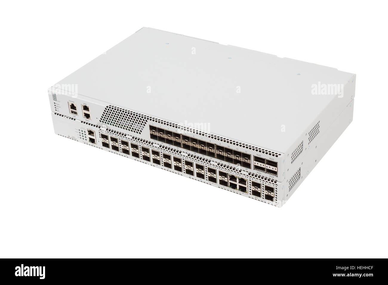 Fiber optic gigabit ethernet switch with SFP module slot and UTP category 5 connectors RJ-45 isolated on white background Stock Photo