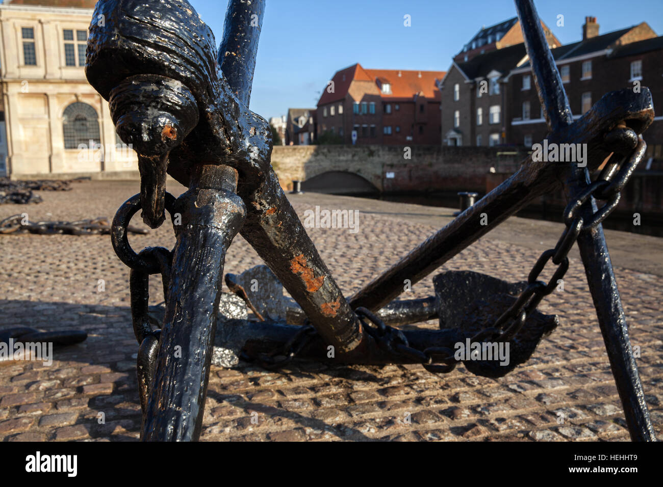 Quay side anchor and chains in Purfleet  Norfolk UK. Stock Photo