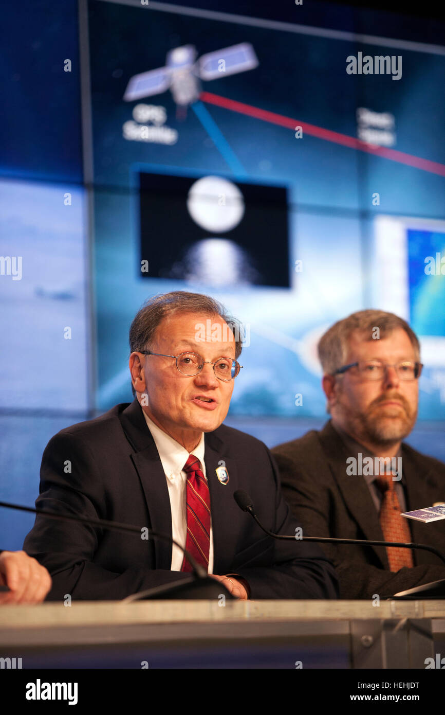 NASA Cyclone Global Navigation Satellite System (CYGNSS) Principal Investigator Dr. Chris Ruf (left) and University of Michigan Climate and Space Department CYGNSS Constellation Scientist Aaron Ridley speak to the media about the CYGNSS spacecraft during a mission science briefing at the Kennedy Space Center Press Site Auditorium December 10, 2016 in Merritt Island, Florida. Stock Photo