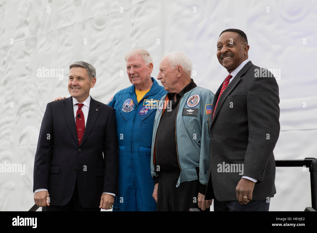 From left to right, NASA Kennedy Space Center Director Robert Cabana, astronauts Jon McBride, Al Worden, and Winston Scott attend the wreath-laying ceremony in honor of former astronaut and U.S. Senator John Glenn at the Kennedy Space Center Visitor Complex Heroes and Legends Exhibit December 9, 2016 in Titusville, Florida. Stock Photo