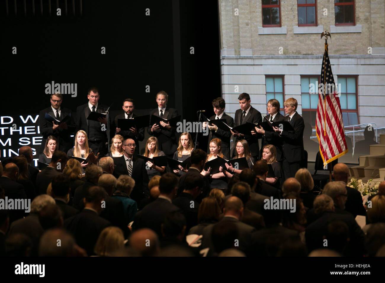 The Muskingum University Chamber Singers and pianist Dixie Lee Hayes Heck perform during a memorial celebration of the life of former NASA astronaut and U.S. Senator John Glenn at the Ohio State University Mershon Auditorium December 17, 2016 in Columbus, Ohio. Stock Photo