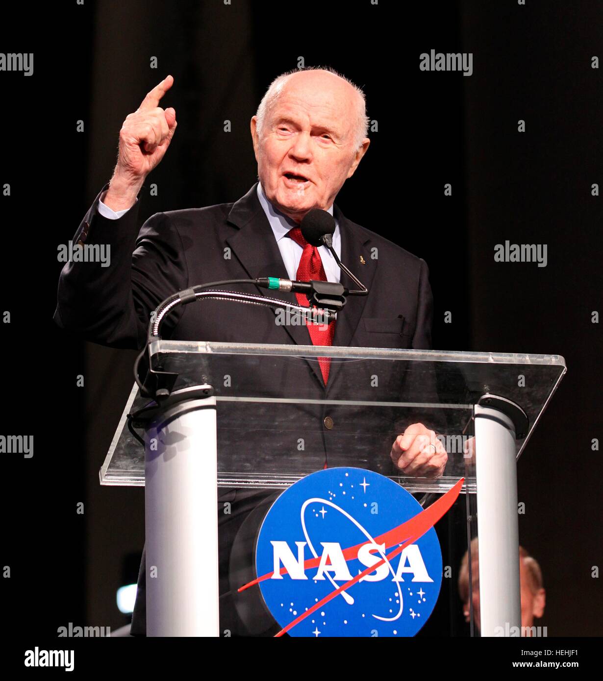 NASA Mercury astronaut John Glenn speaks during the On Shoulders of Giants program at the Kennedy Space Center Visitor Complex Rocket Garden February 17, 2012 in Titusville, Florida. The event celebrates 50 years of Americans in space orbit which began with Glenns MA-6 mission in 1962. Stock Photo