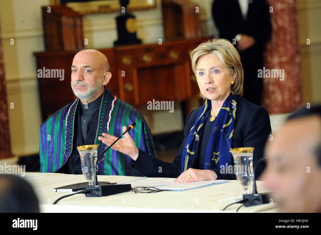 U.S. Secretary of State Hillary Clinton speaks during trilateral consultations with Afghan President Hamid Karzai and Pakistani leaders at the U.S. Department of State May 6, 2009 in Washington, DC. Stock Photo