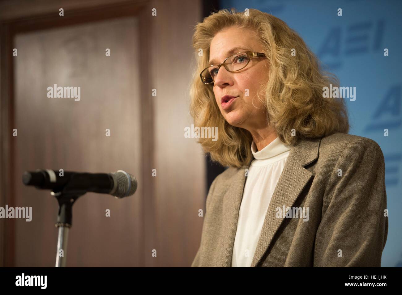 U.S. Acting Deputy Secretary of Defense Christine Fox delivers remarks on the Defense Budget Priorities for 2015 and Beyond at the American Enterprise Institute February 26, 2014 in Washington, DC. Stock Photo