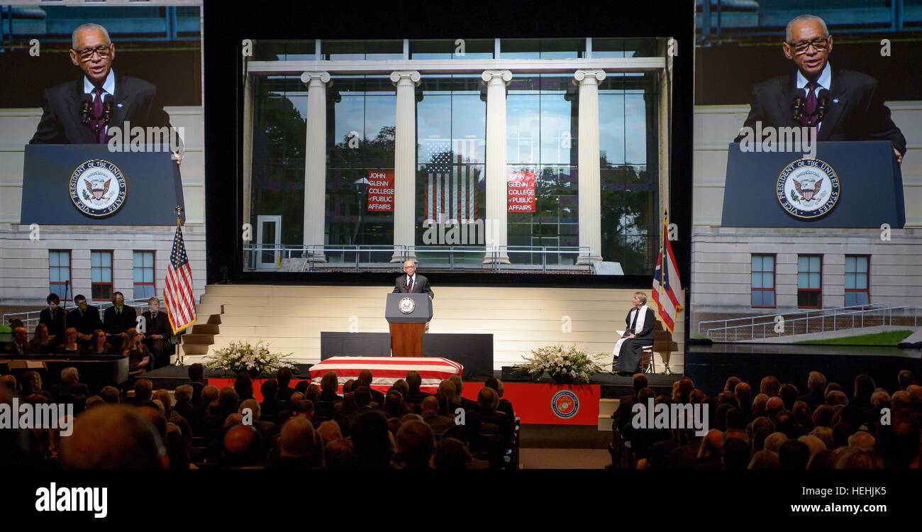 NASA Administrator Charles Bolden speaks at a memorial service celebrating the life of former NASA astronaut and U.S. Senator John Glenn at the Ohio State University Mershon Auditorium December 17, 2016 in Columbus, Ohio. Stock Photo