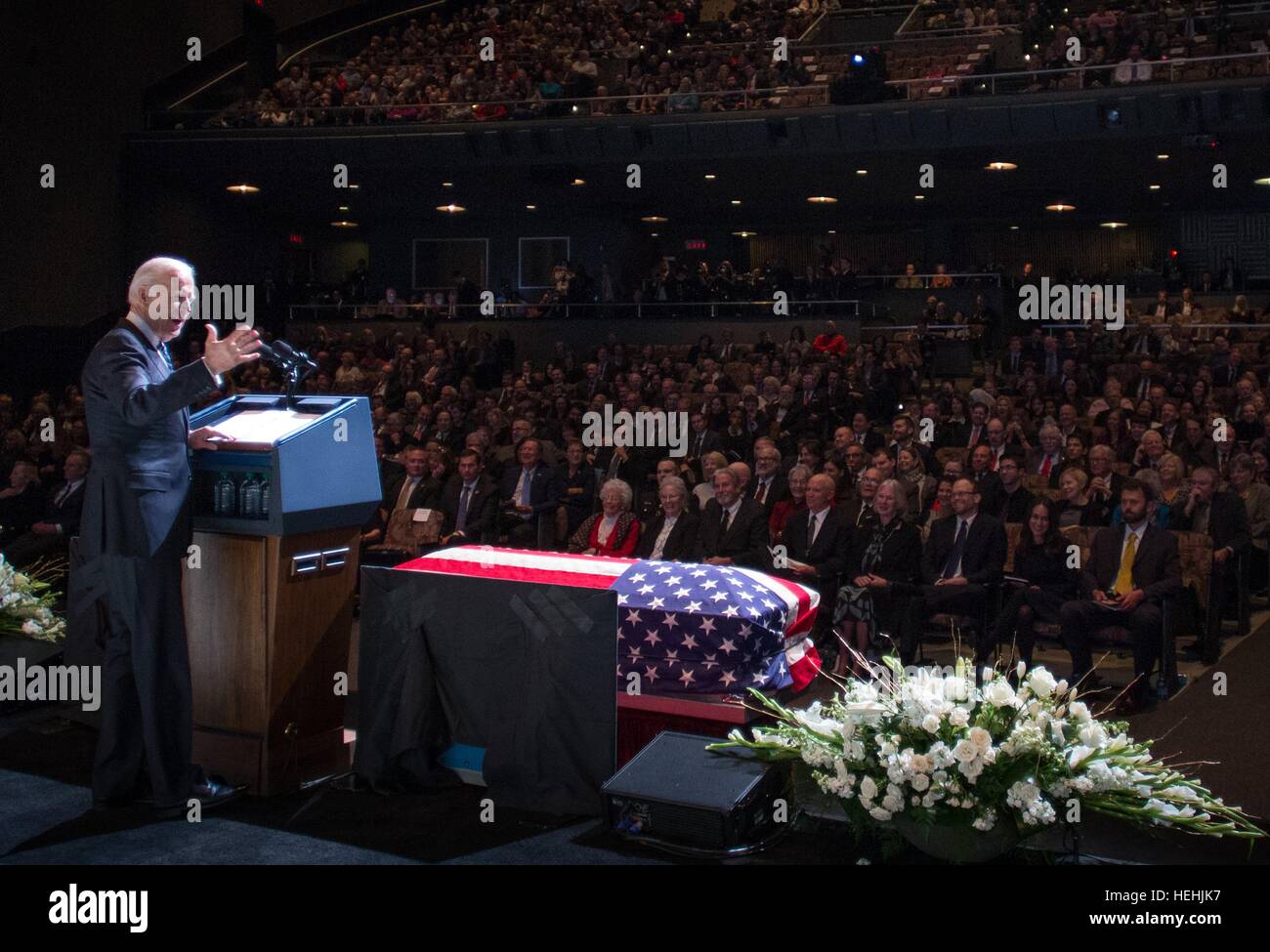 U.S. Vice President Joe Biden speaks at a memorial service celebrating the life of former NASA astronaut and U.S. Senator John Glenn at the Ohio State University Mershon Auditorium December 17, 2016 in Columbus, Ohio. Stock Photo