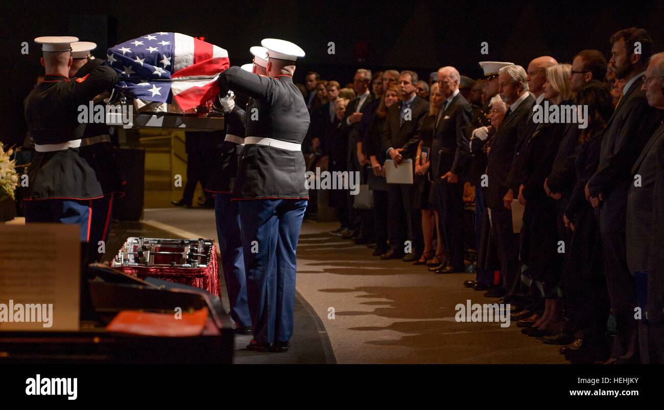 U.S. Marine Corp pallbearers carry the casket of former NASA astronaut and U.S. Senator John Glenn from the memorial service celebrating his life at the Ohio State University Mershon Auditorium December 17, 2016 in Columbus, Ohio. Stock Photo