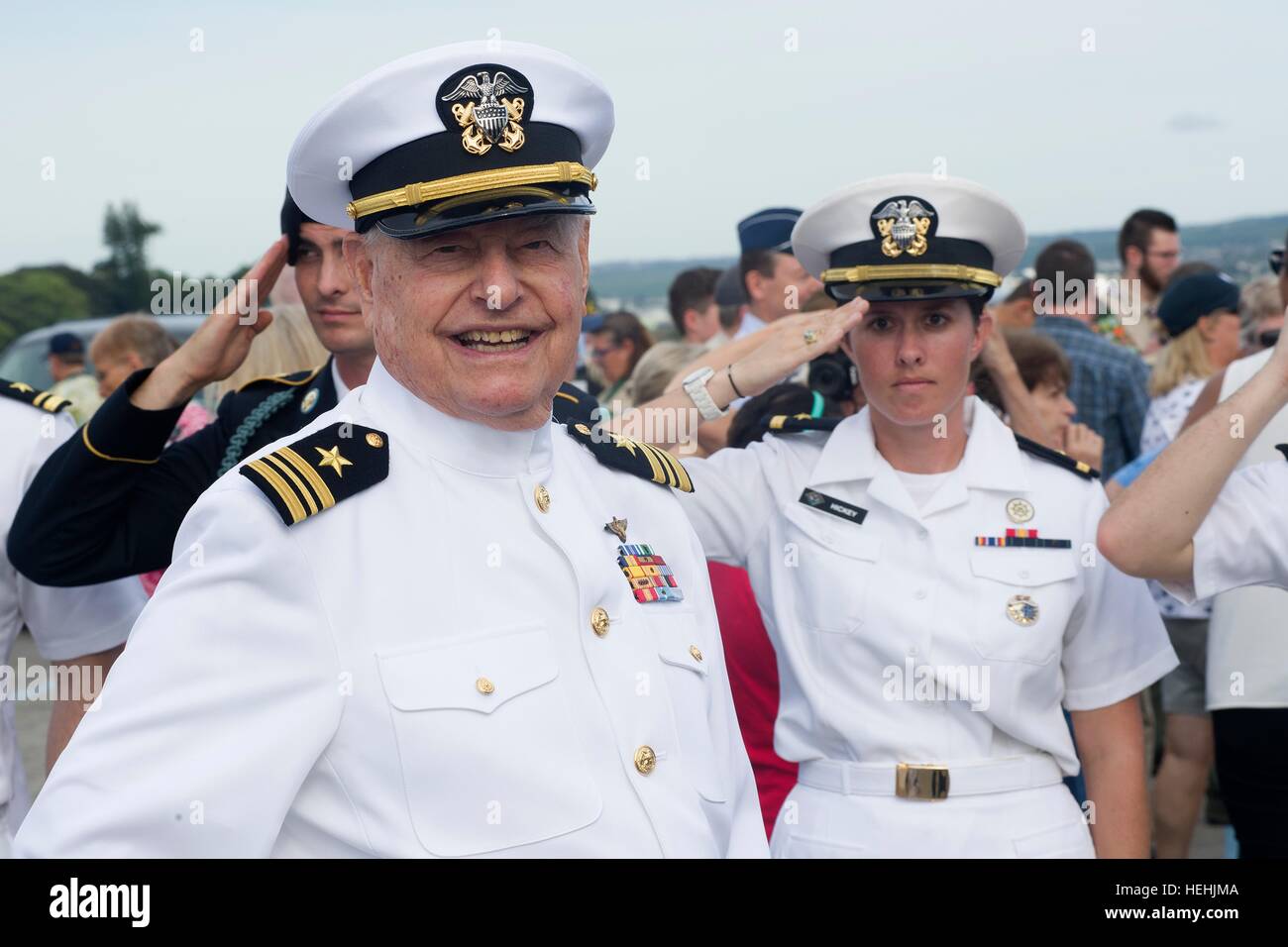 U.S. World War II Pearl Harbor survivor veteran Lou Conter participates in the Walk of Honor at the conclusion of the 75th Commemoration Event of the attacks on Pearl Harbor at the Joint Base Pearl Harbor-Hickam December 7, 2016 in Pearl Harbor, Hawaii. Stock Photo