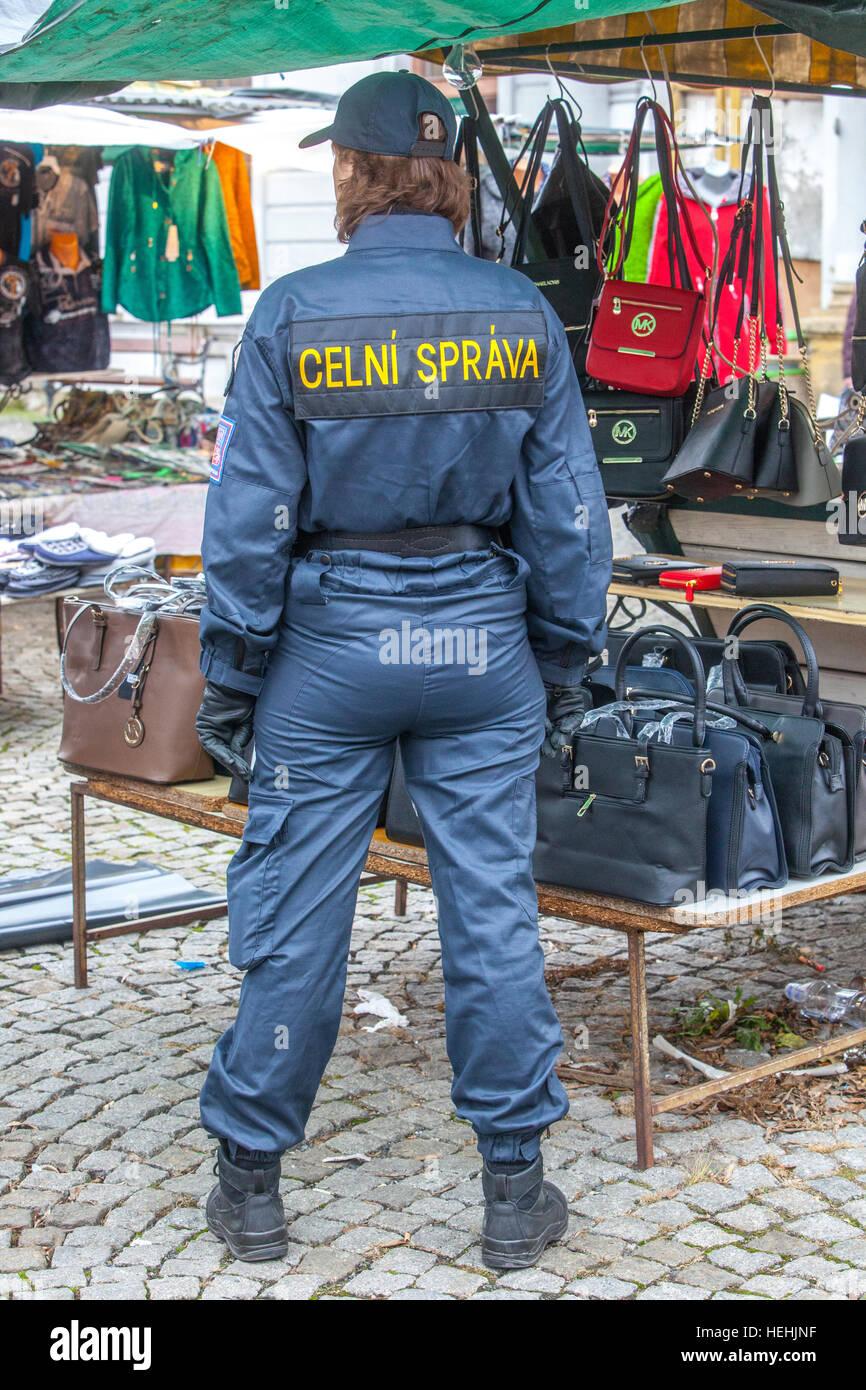 Czech Customs administrative unit interfere with stalls with fake handbags renowned brand Michael Kors, markets, Holesovice market, Prague Stock Photo