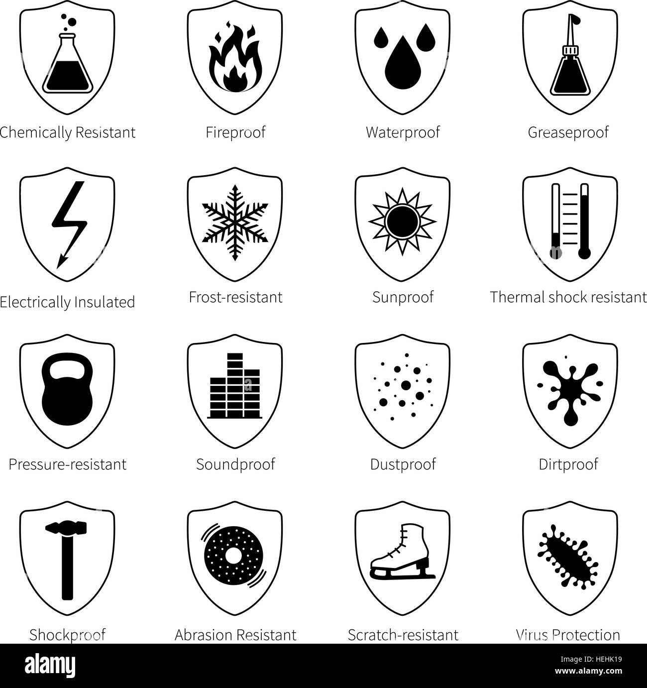Protection Proof Black Icons . Protection proof black emblems with scratch resistant soundproof
