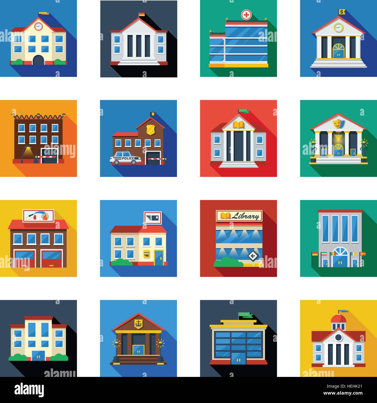Government Buildings Icons In Colorful Squares. Government buildings flat icons set in colorful isolated squares with bank tax Stock Vector