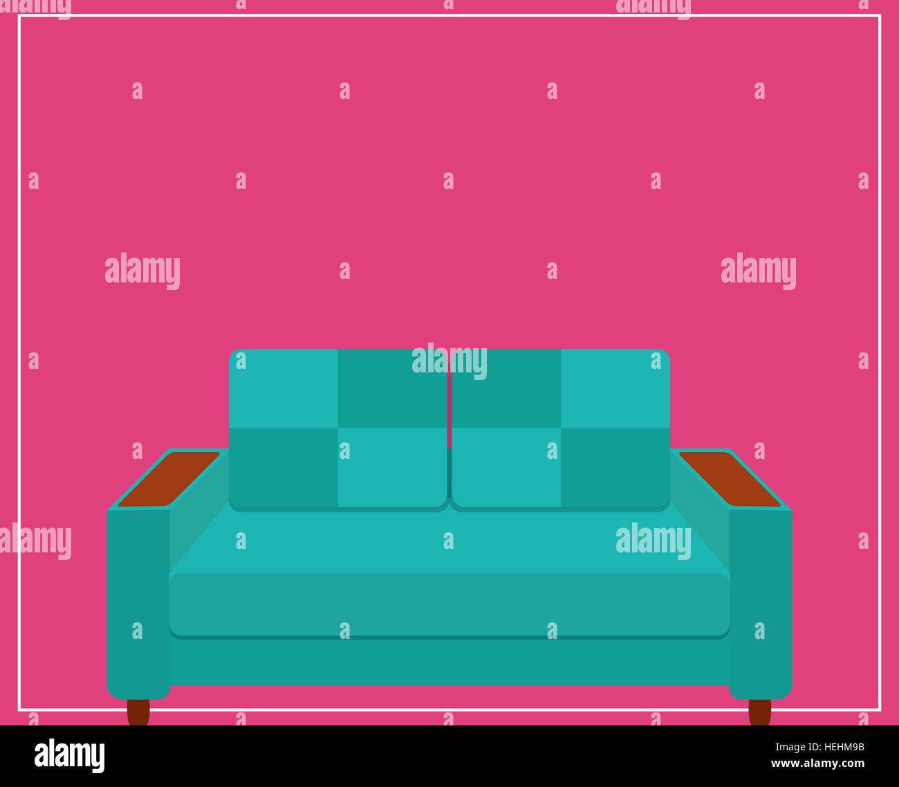 Blue Sofa Icon on Pink Background. Vector Illustration. Stock Vector