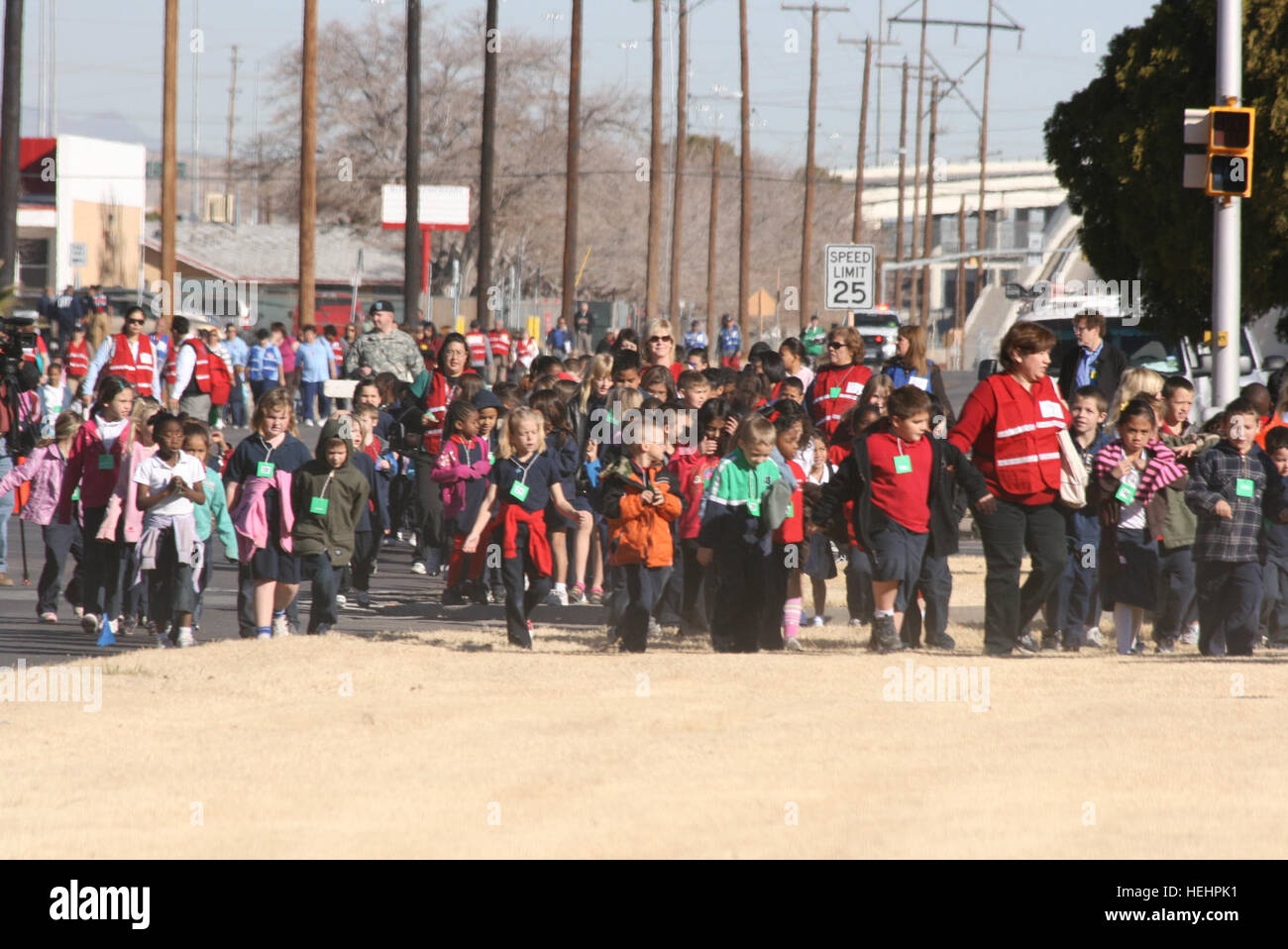 Students from Bliss Elementary School evacuate the campus during a mock
