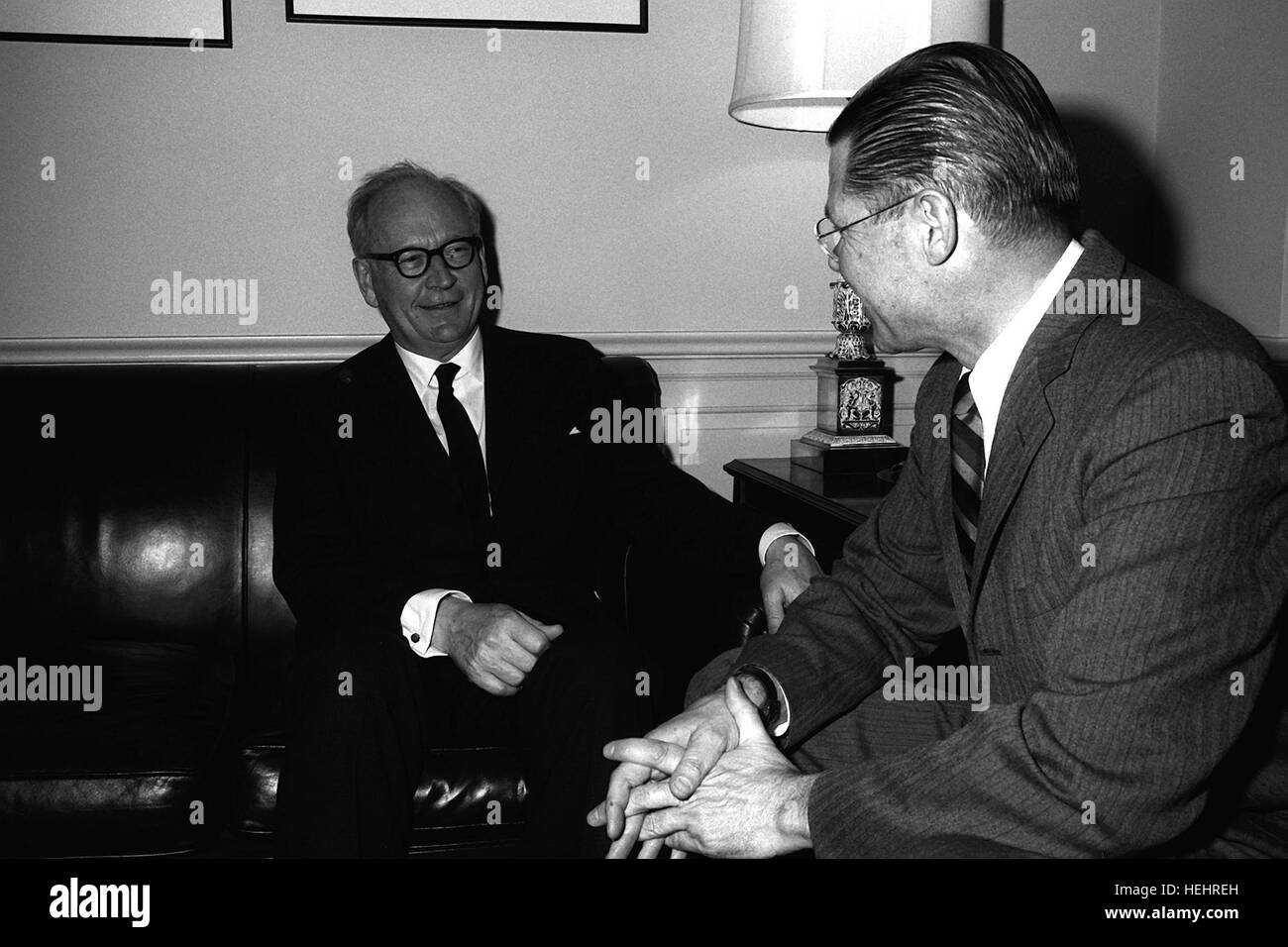GEN Adolf Heusinger, Federal Republic of Germany, Chairman, North Atlantic Treaty Organization (NATO) Military Committee, meets with Secretary of Defense Robert S. McNamara, right, at the Pentagon to discuss defense matters relating to NATO. Adolf Heusinger Robert S. McNamara Stock Photo