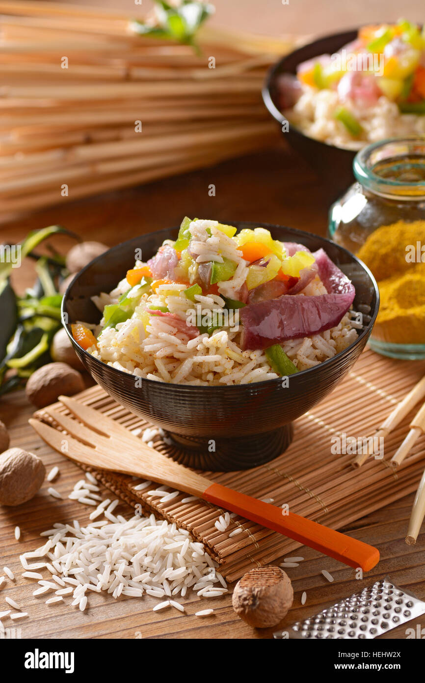 basmati rice and assorted vegetables with curry Stock Photo Alamy