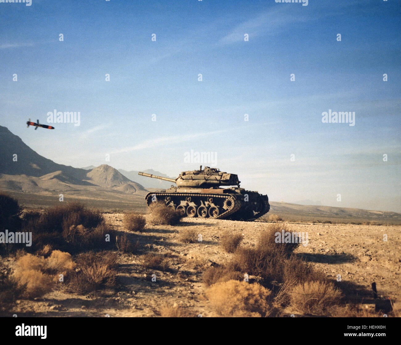An M712 Copperhead cannon-launched laser-guided projectile nears the target,  an M47 medium tank. M712 Copperhead nears the target Stock Photo - Alamy