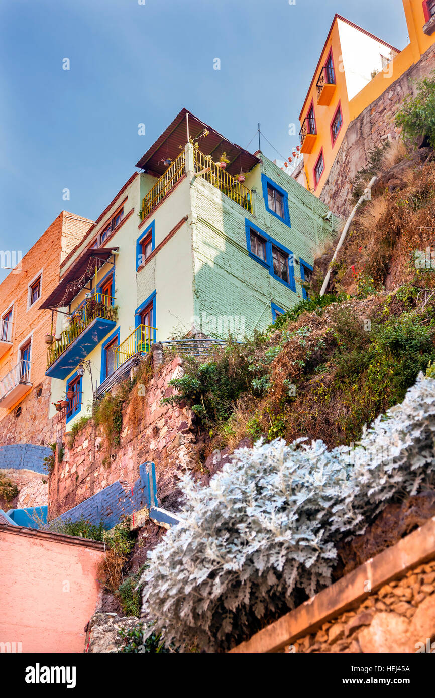 Many Colored Green Blue Pink Houses of Guanajuato Mexico Stock Photo