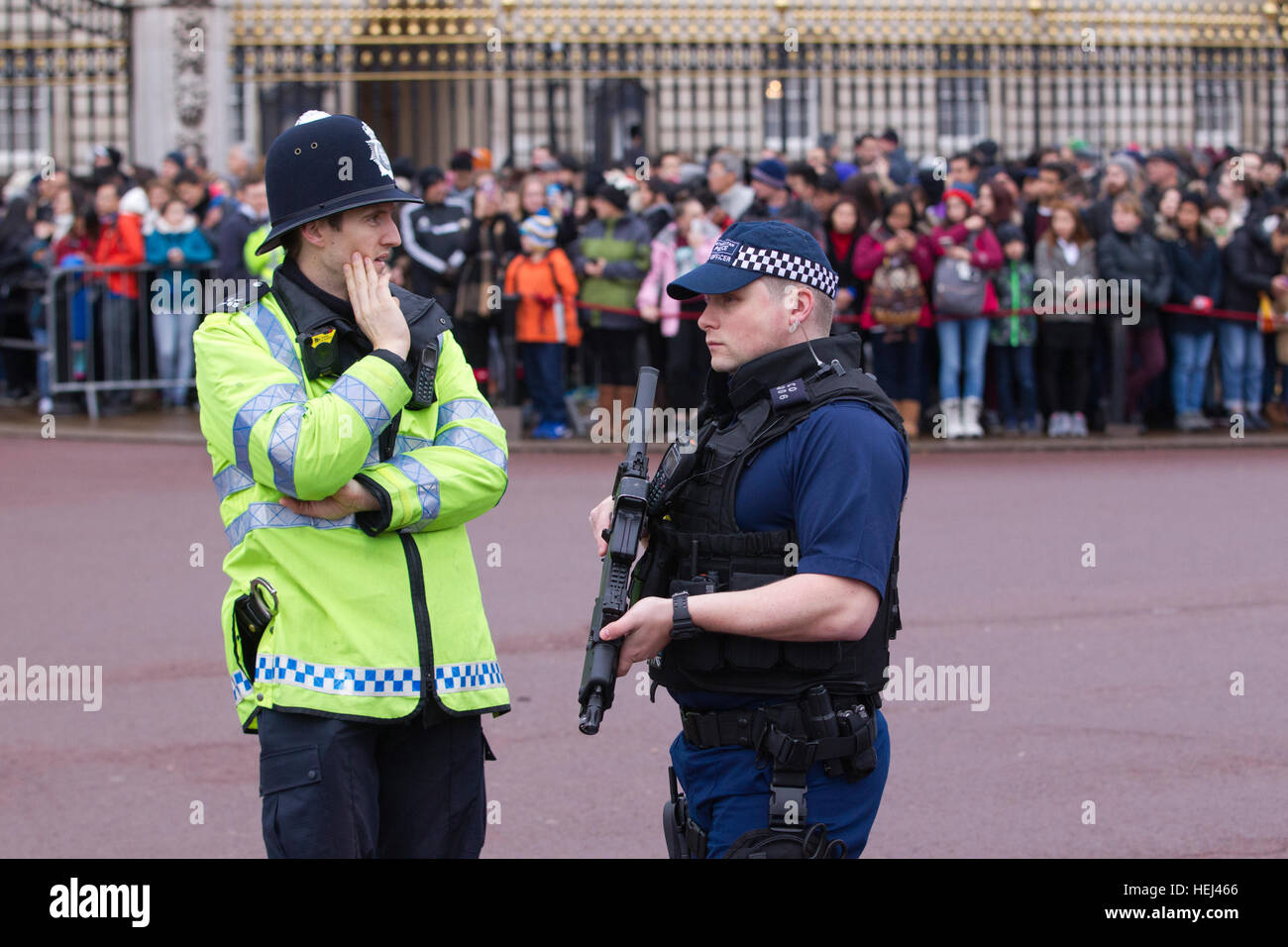 Armed police provide security during the Changing of the Guard outside