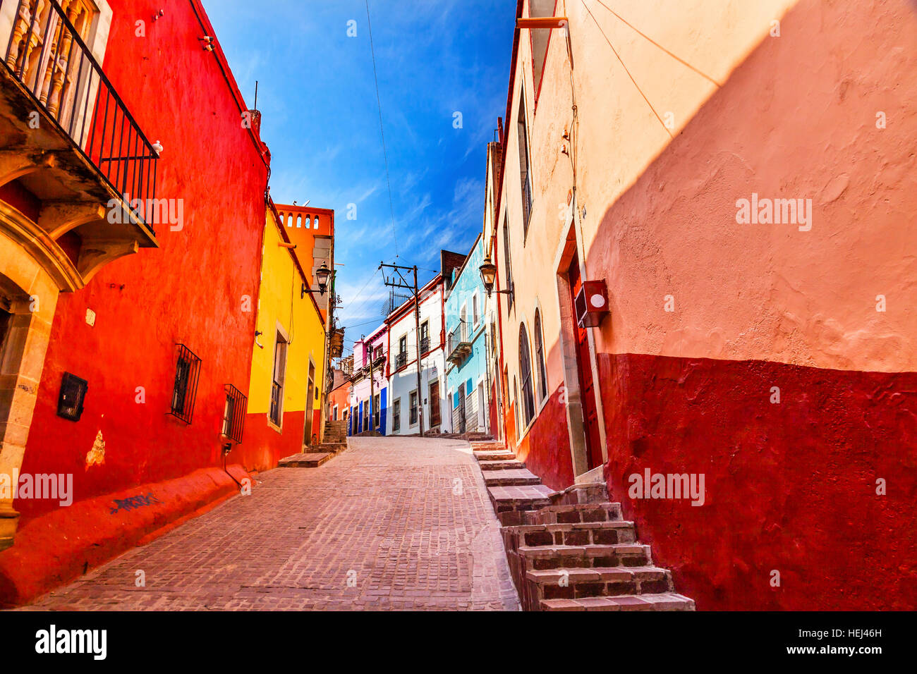 Many Colored Red Yellow Narrow Street Houses of Guanajuato Mexico Stock Photo