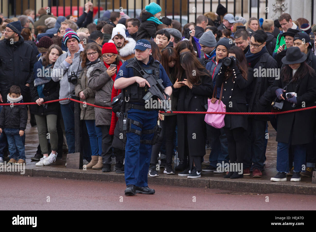 Armed police provide security during the Changing of the Guard outside