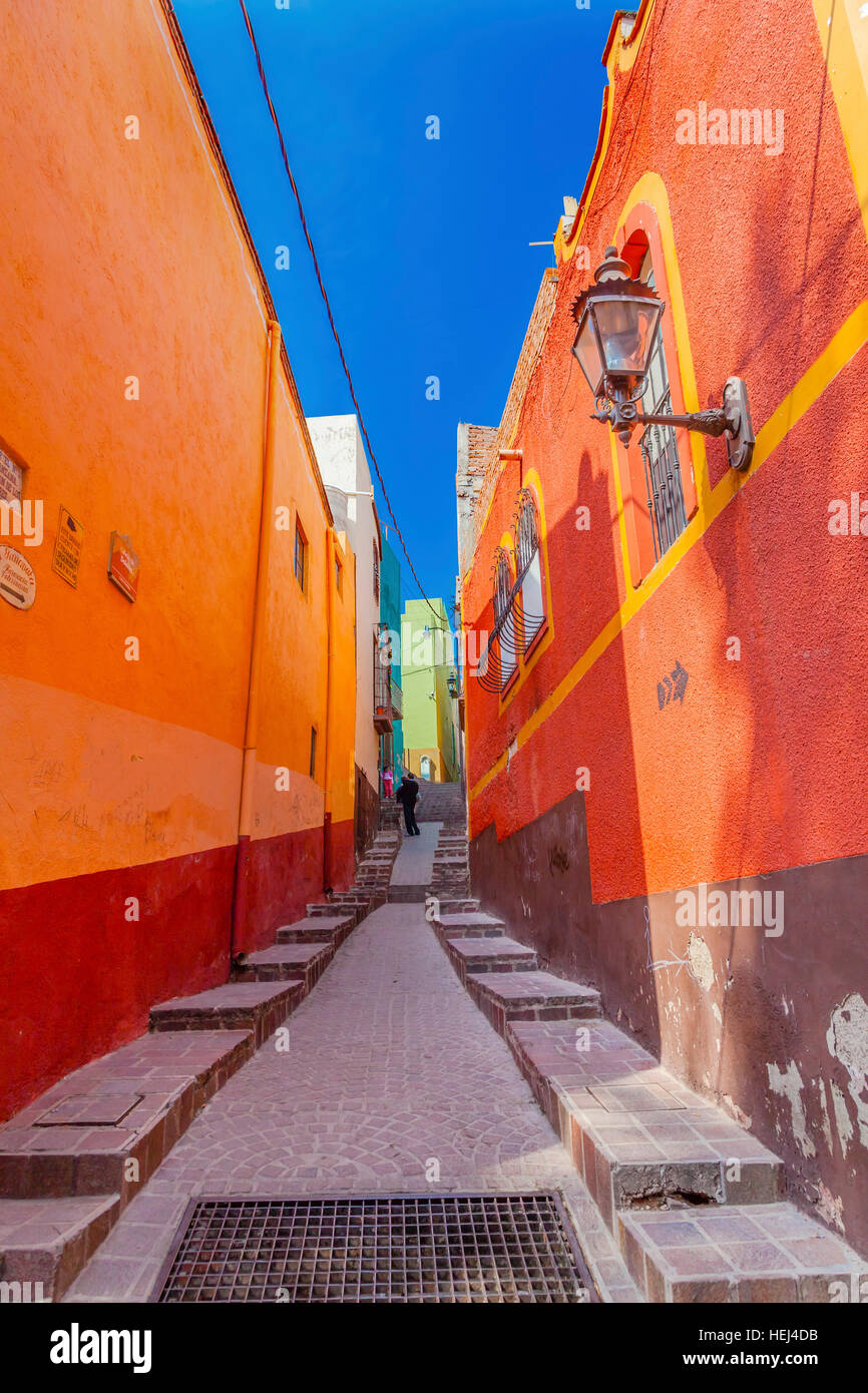 Many Colored Orange Green Yellow Pink Houses Narrow Street Guanajuato Mexico Stock Photo