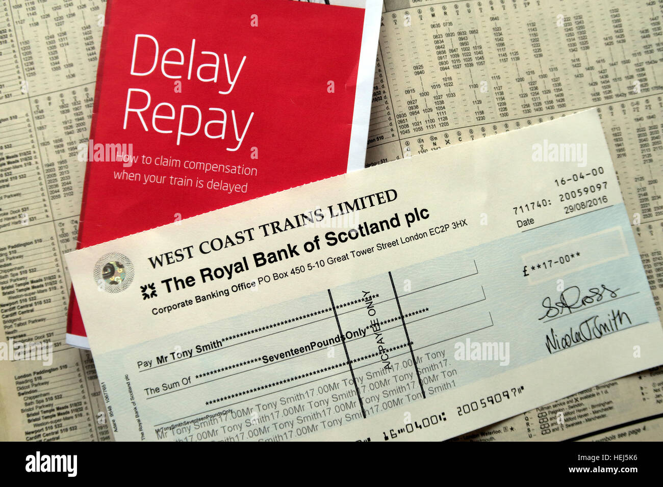 Cheque repayment for Delay Repay, from West Coast Trains,  Virgin, compensation for late rail journey Stock Photo