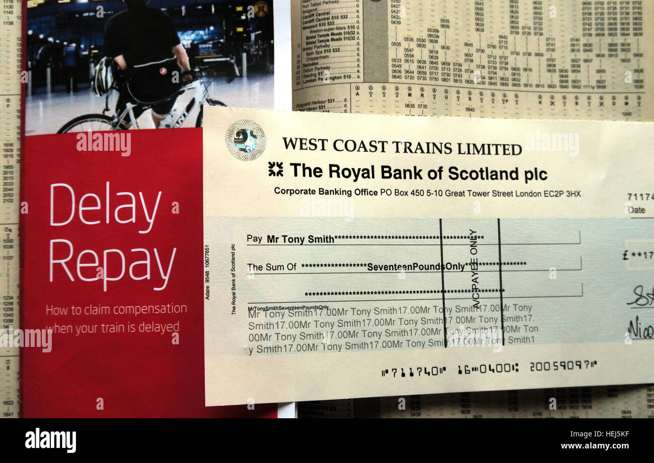 Cheque for Delay Repay West Coast Trains Virgin,compensation for late rail journey Stock Photo