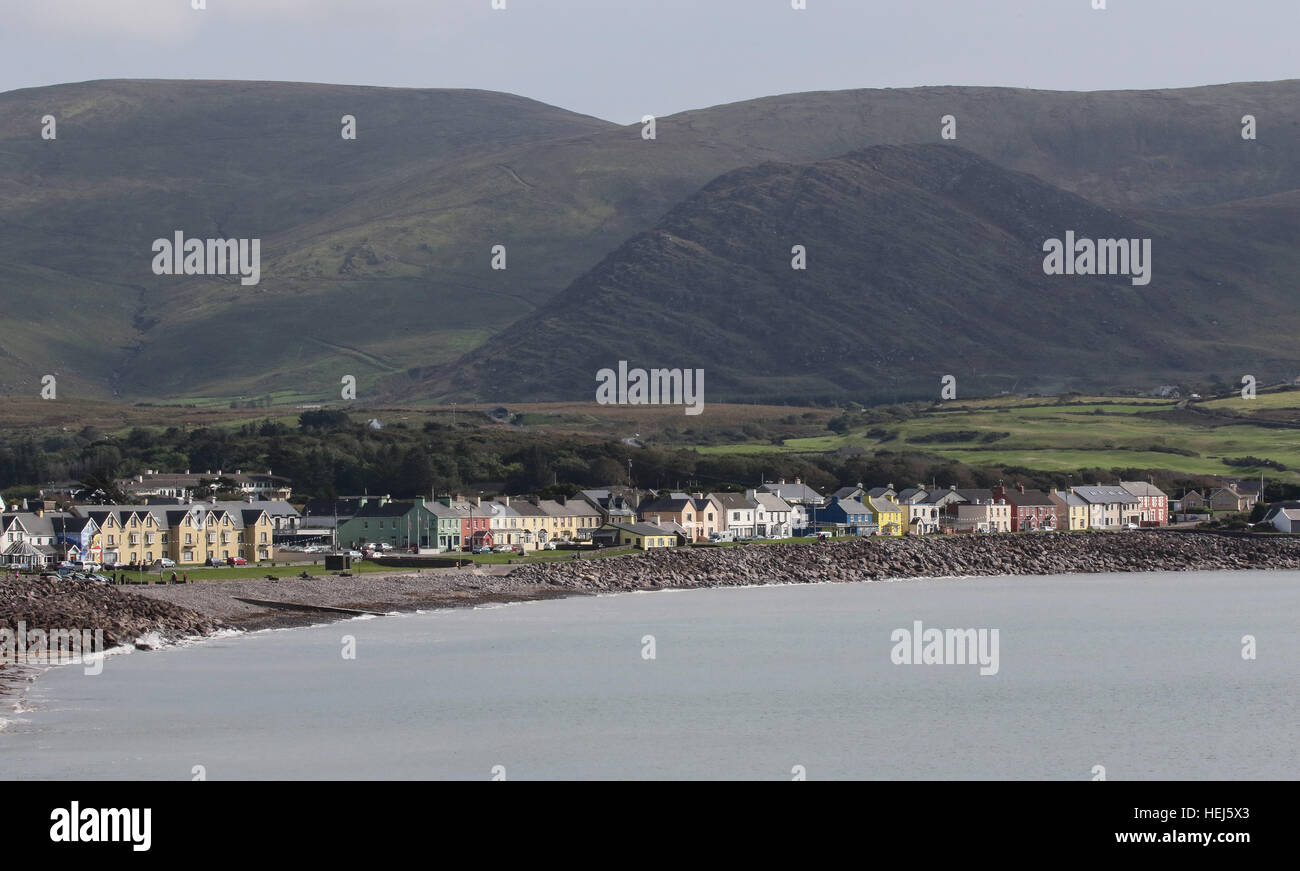 The village seafront and shore at Waterville overlooking Ballinskelligs Bay on the Iveragh Peninsula  in County Kerr, Ireland. Stock Photo