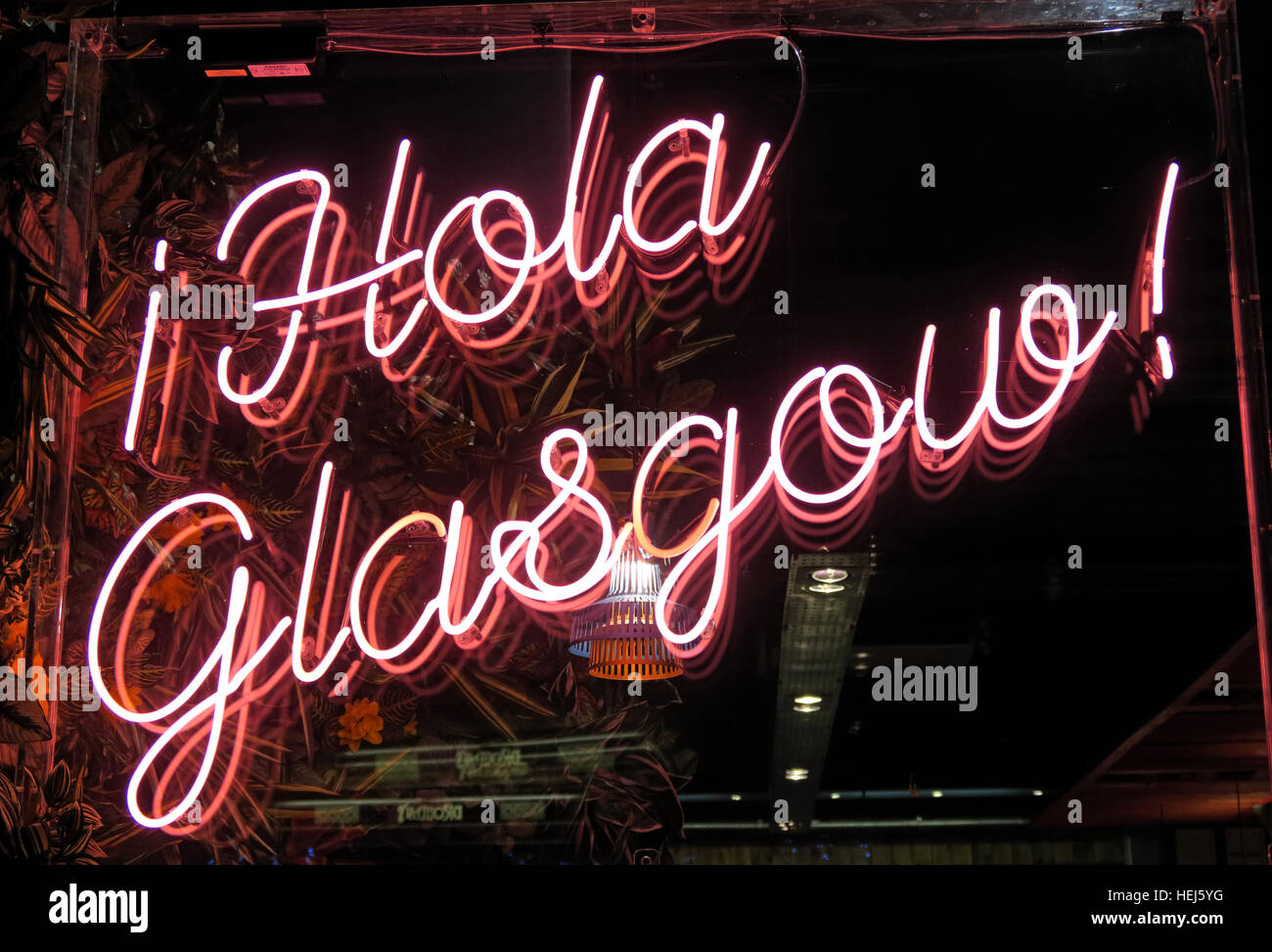 Hola Glasgow red neon sign, city Centre,Scotland,UK Stock Photo