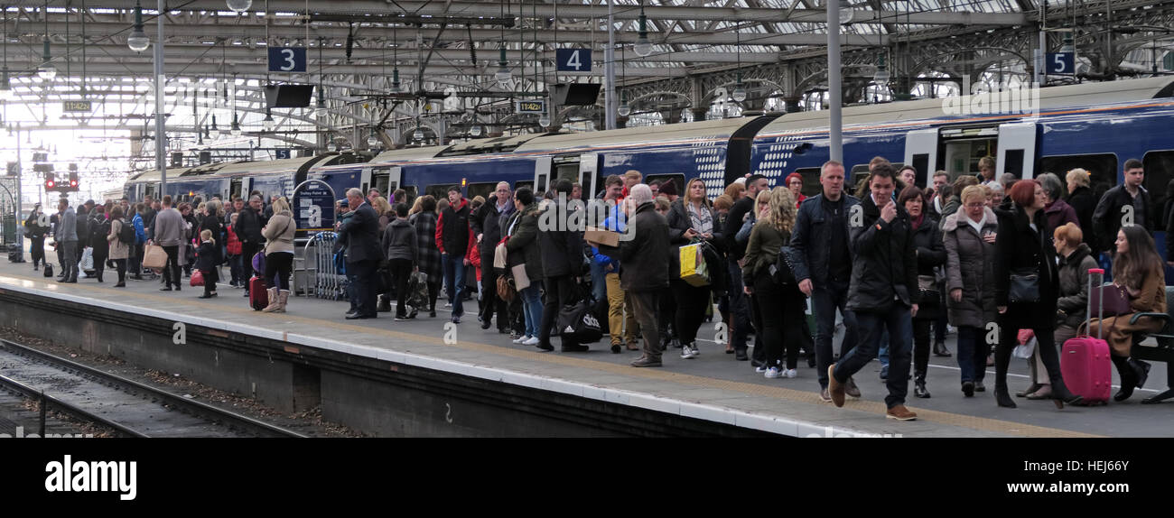 Very Busy Scotrail Abellio train carriages. Franchise threat to bring back into state ownership,after poor service Stock Photo