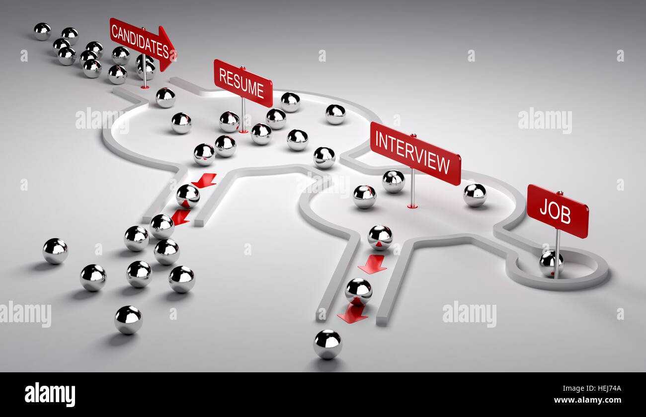 3D illustration of candidates recruitment process. Applicants enters by the left then pass three steps resume, interview and finaly get the job, horiz Stock Photo