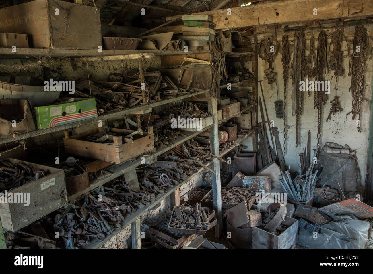 An abandoned workshop is left to decay within a small holding in Banham, Norfolk, UK Stock Photo