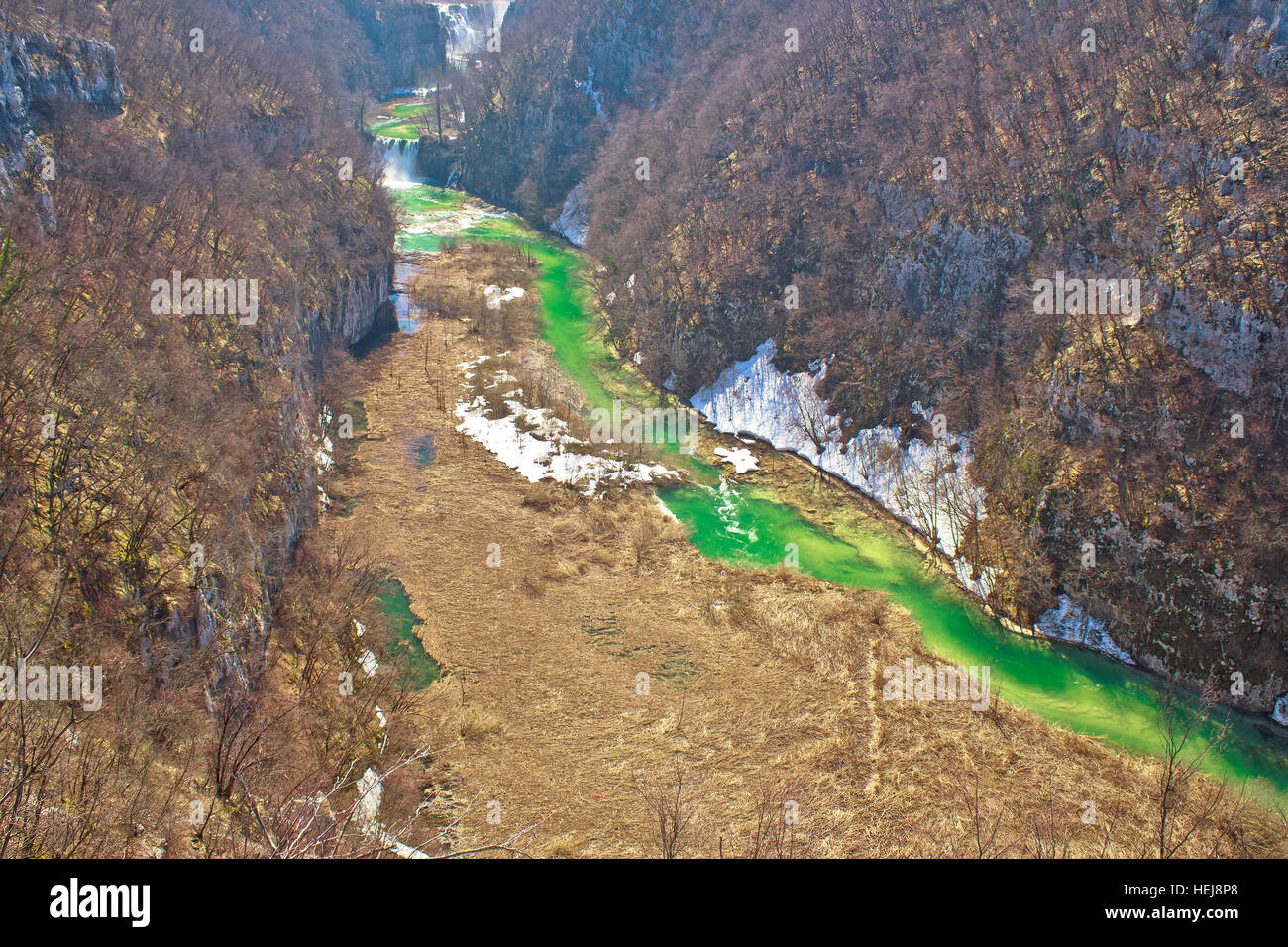 Green Korana river canyon in Plitvice lakes national park of Croatia aerial view Stock Photo