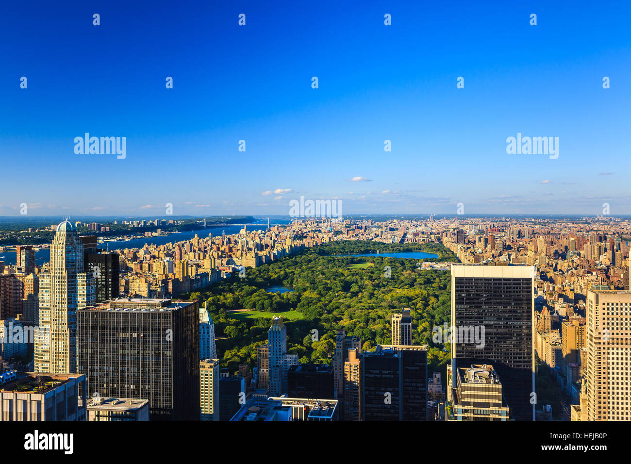 Manhattan view at sunset from "Top of the Rock" looking at Central Park and Upper West Side. Stock Photo