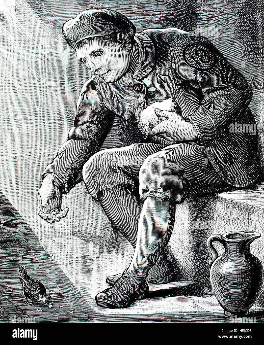 Victorian convict feeding bird in cell, illustration from 1884 Chatterbox weekly children’s paper Stock Photo