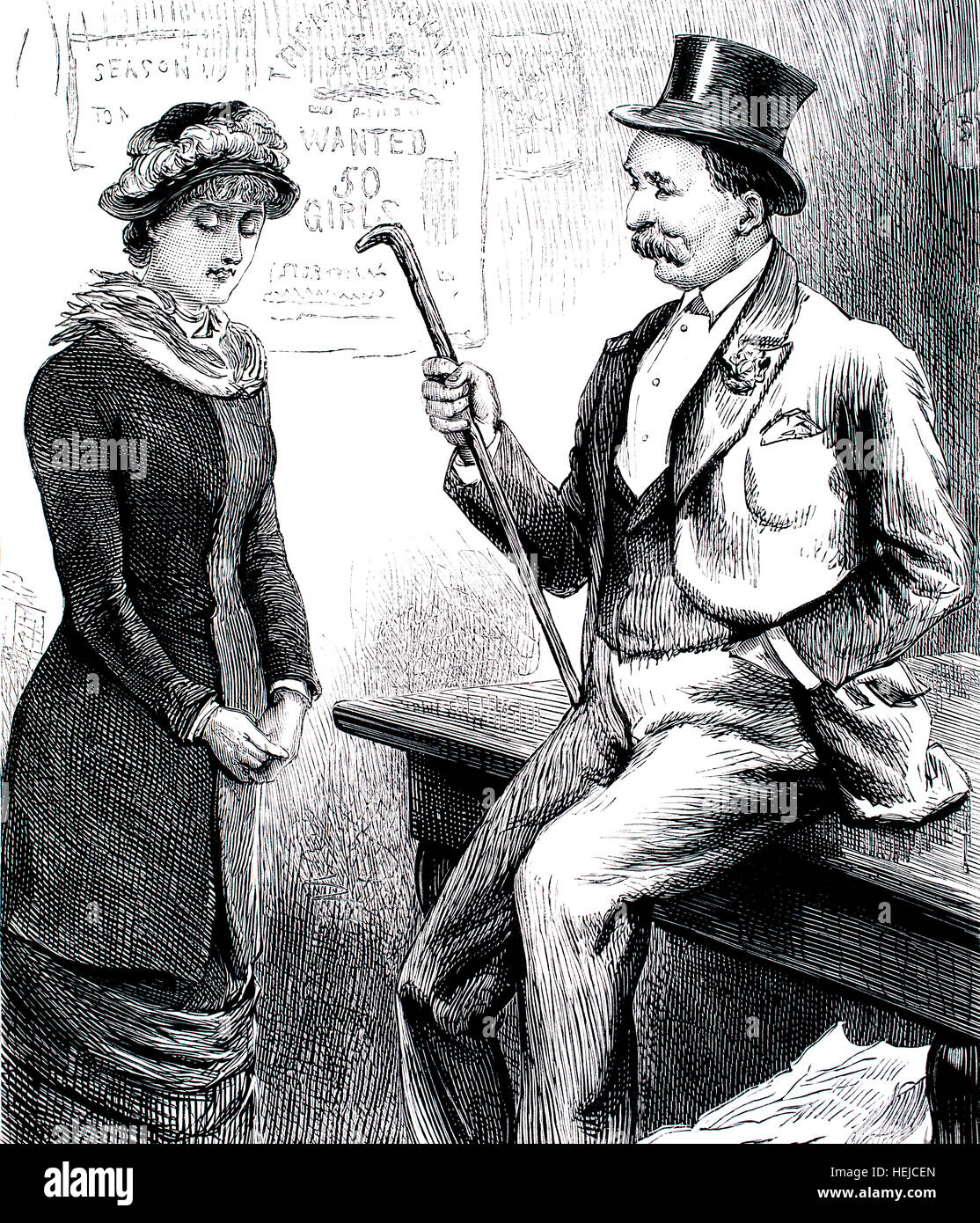 Man in top hat interviewing young girl for theatrical work, illustration from 1884 Chatterbox weekly children’s paper Stock Photo